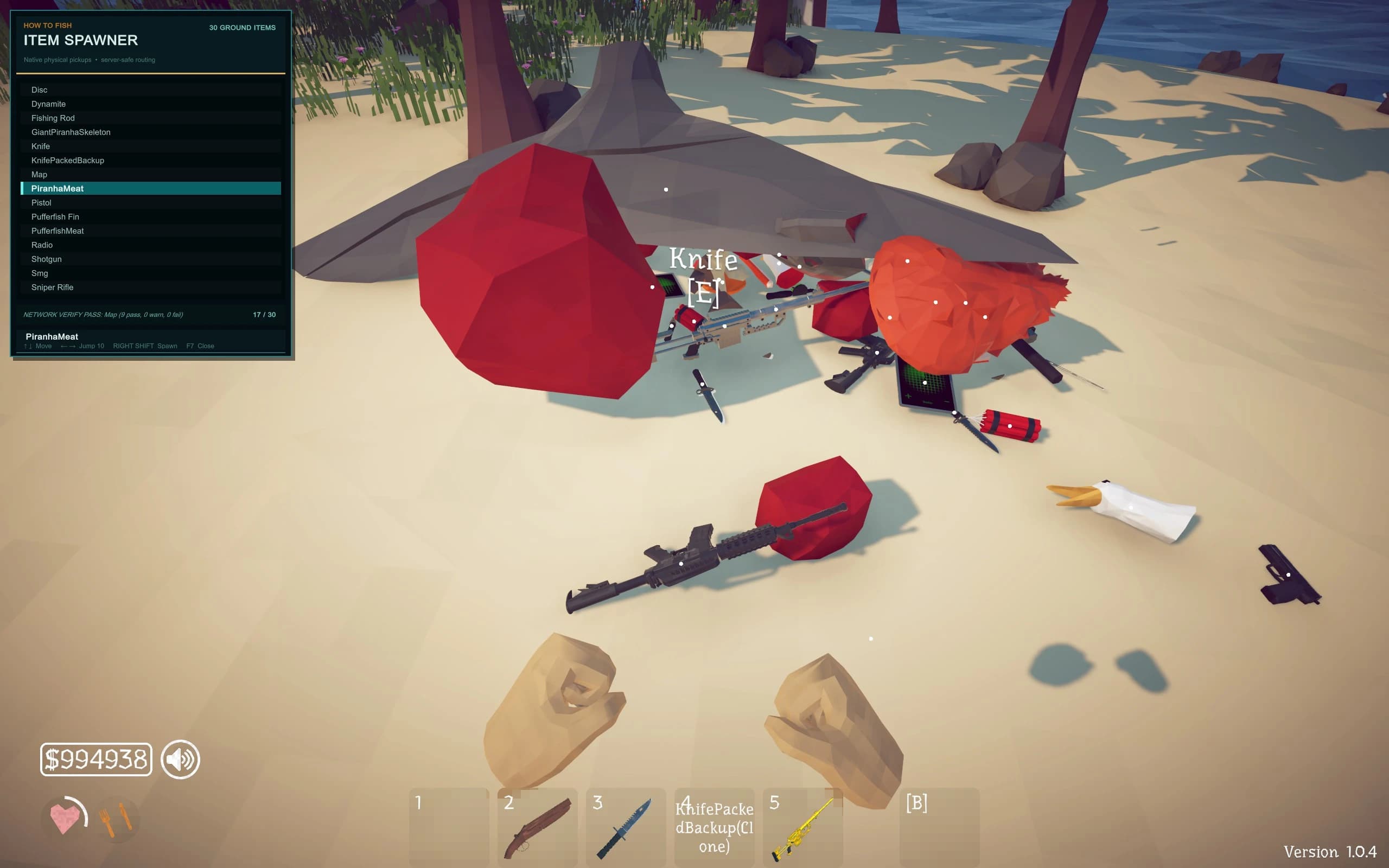 World Item Spawner menu with spawned objects on the beach